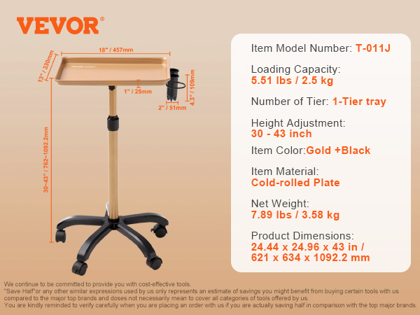 VEVOR salon tray cart t-011j, gold and black, adjustable 30-43 inches, 5.51 lbs capacity, 1-tier tray.