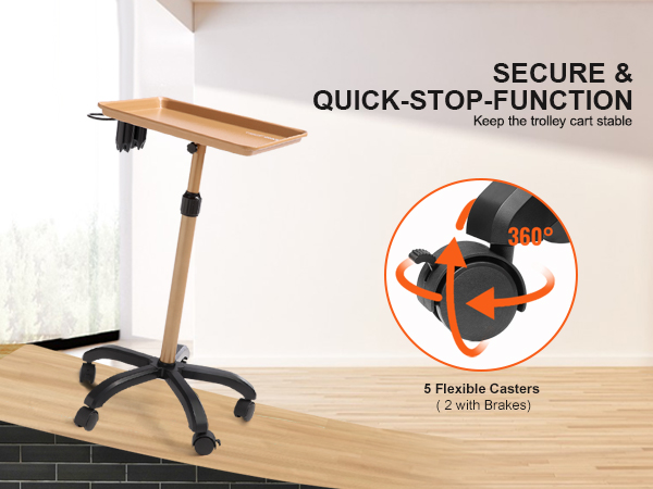 VEVOR salon tray cart with wooden top, secure quick-stop function, and 5 flexible casters (2 with brakes).