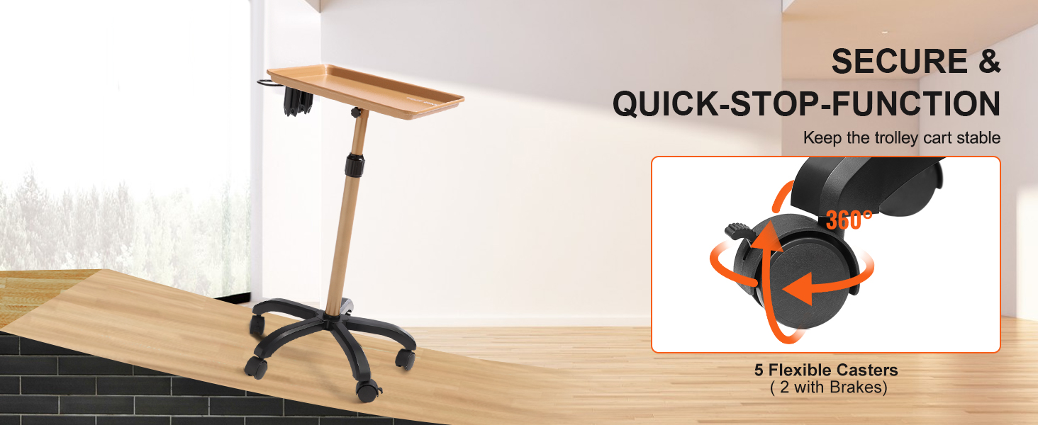 VEVOR salon tray cart with wooden top, secure quick-stop function, and 5 flexible casters (2 with brakes).