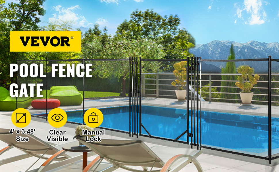 VEVOR pool fence gate by poolside with mountains, clear mesh, and manual lock.