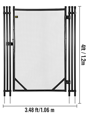 VEVOR pool fence gate, 4ft high, 3.48ft wide, black frame with mesh center.