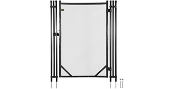 black VEVOR pool fence gate with mesh panel and secure latch system.