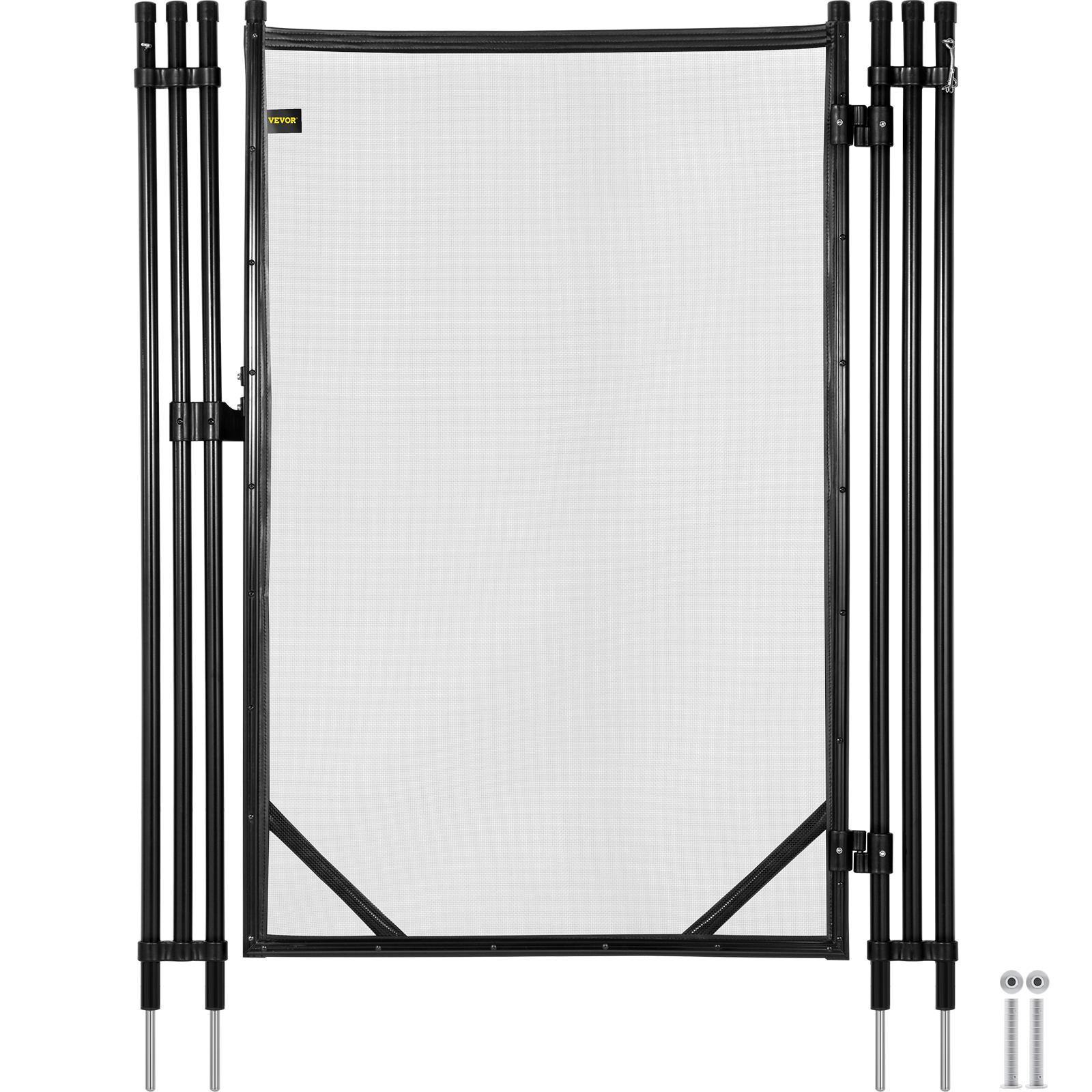 VEVOR pool fence gate with black frame and white mesh, hardware included.