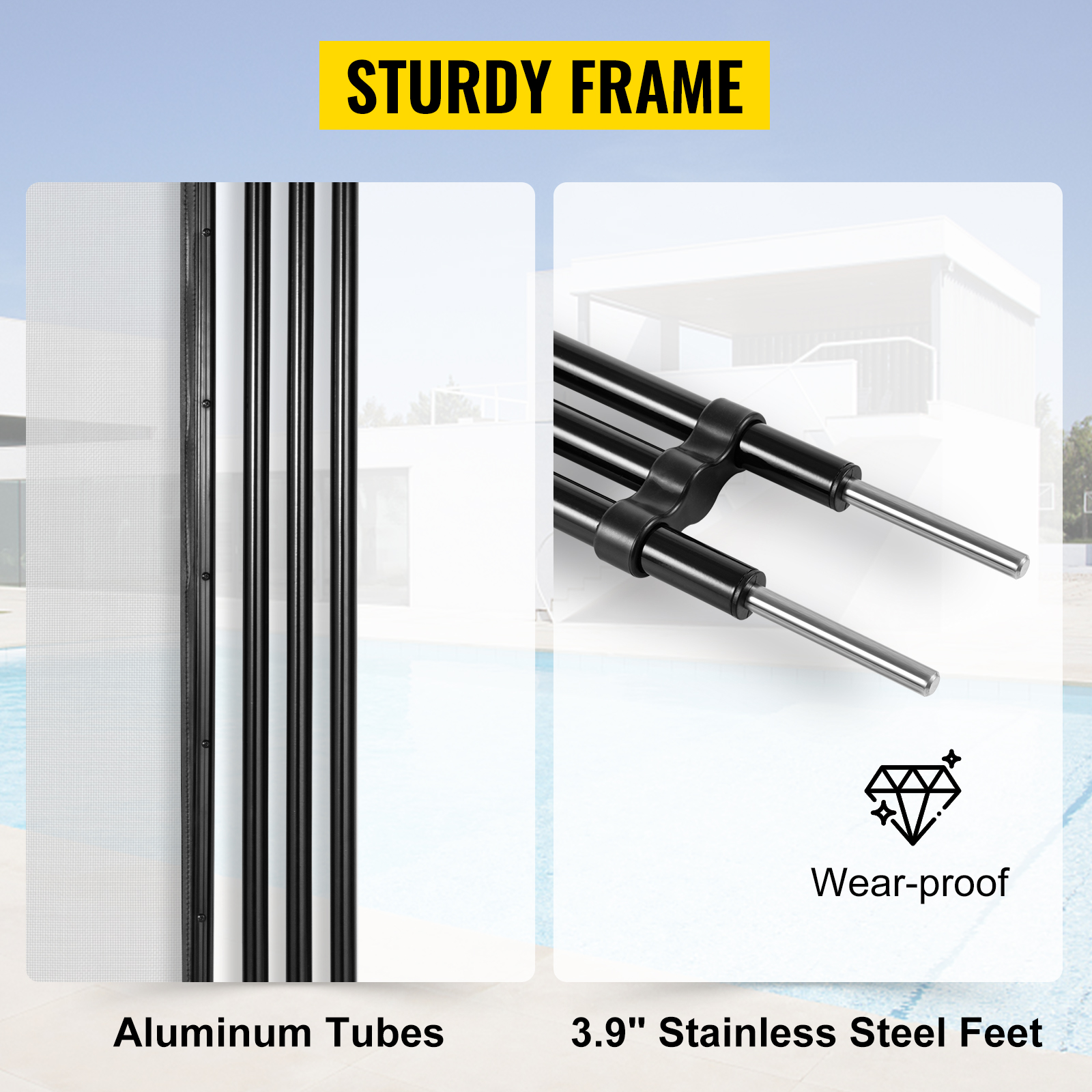 VEVOR pool fence gate with aluminum tubes and wear-proof stainless steel feet.