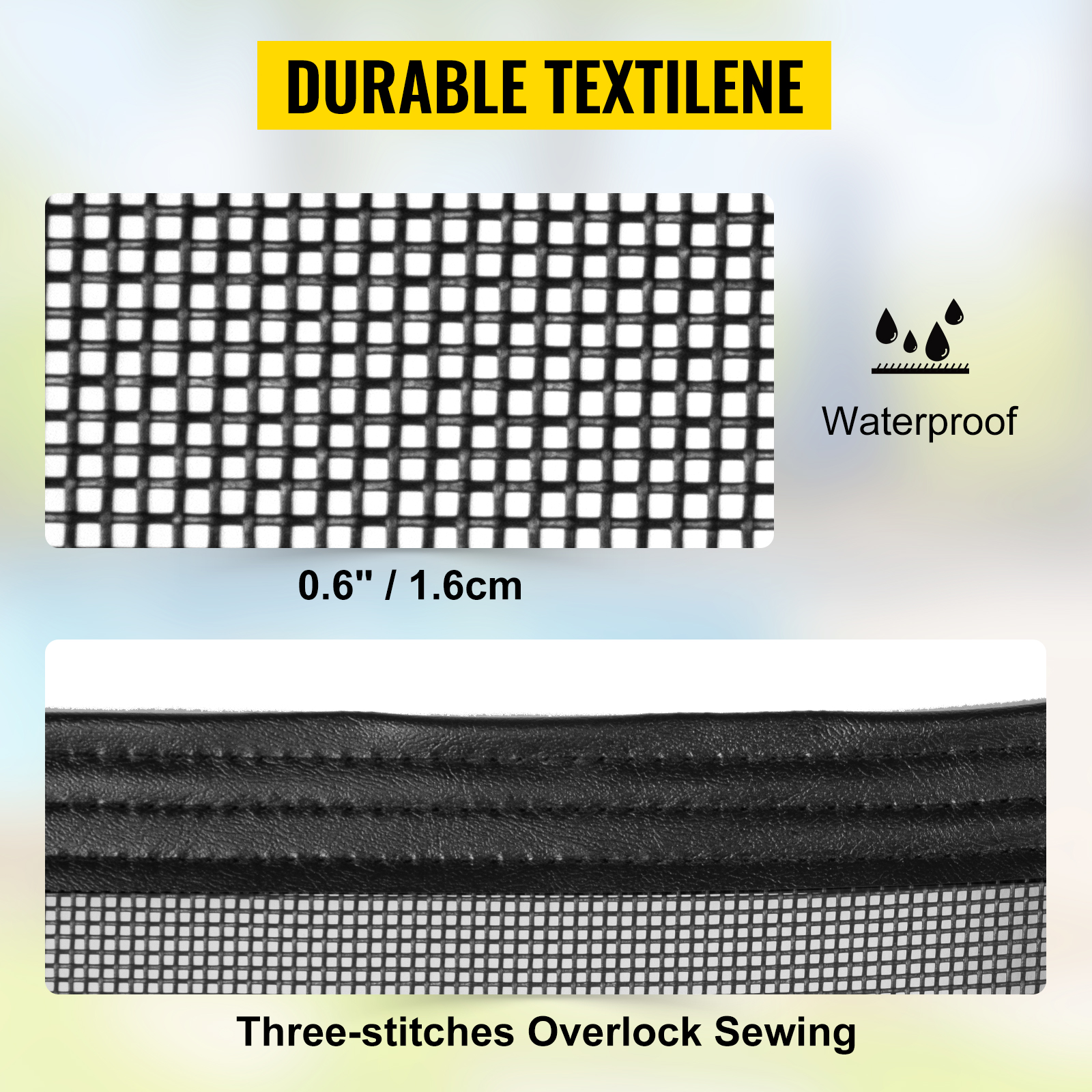 durable textilene material with 0.6"/1.6cm mesh and three-stitches overlock sewing.