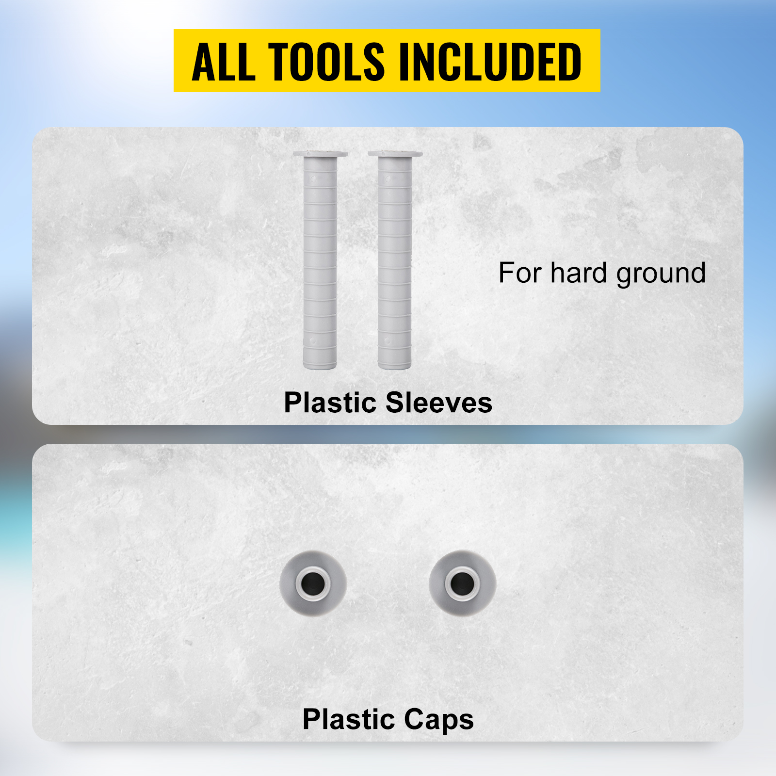 VEVOR pool fence gate tools included: plastic sleeves and plastic caps for hard ground.