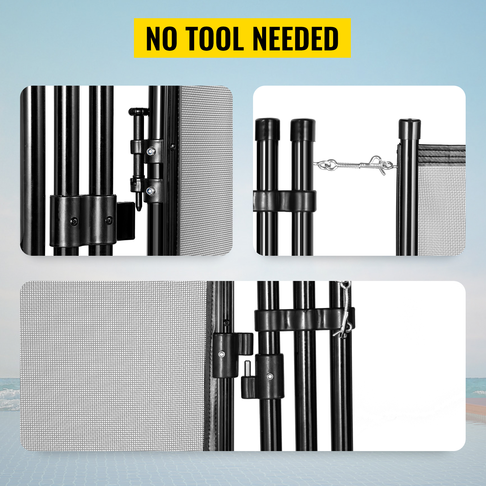VEVOR pool fence gate with easy latch system and mesh panels, no tool needed.