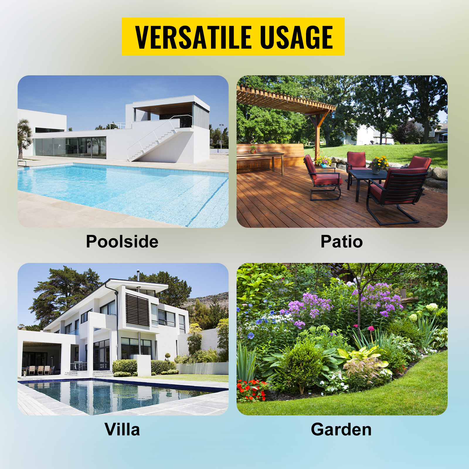 versatile usage of VEVOR pool fence gate: poolside, patio, villa, and garden scenes.