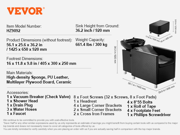 VEVOR shampoo backwash chair with sink, footrest, and dimensions displayed. made of pu leather and ceramic.