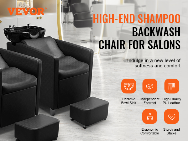 VEVOR shampoo backwash chair for salons, ergonomic design with ceramic bowl sink and footrest.