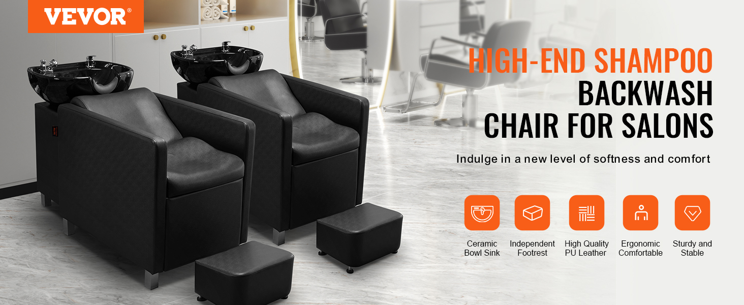 VEVOR shampoo backwash chair for salons, ergonomic design with ceramic bowl sink and footrest.
