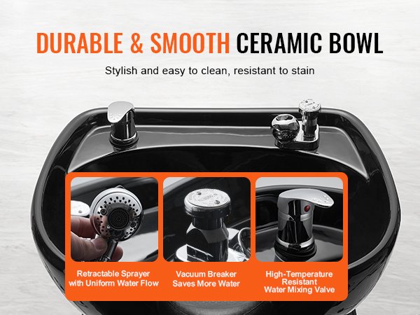 durable and smooth ceramic bowl on VEVOR shampoo backwash chair with retractable sprayer and vacuum breaker.