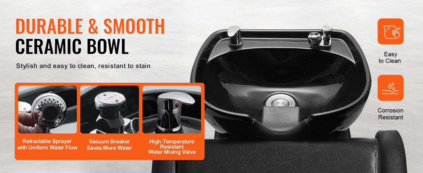 durable and smooth ceramic bowl on VEVOR shampoo backwash chair with retractable sprayer and vacuum breaker.