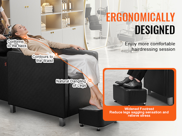 ergonomically designed VEVOR shampoo backwash chair with neck support, waist contour, and widened footrest.