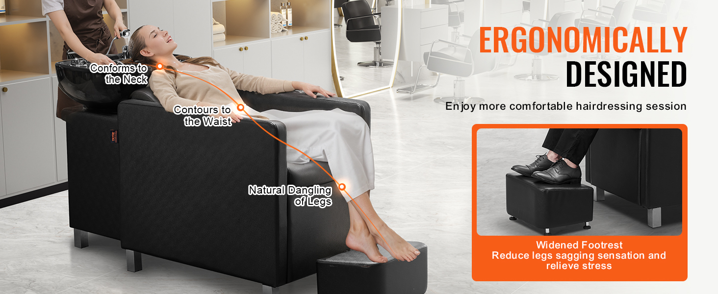 ergonomically designed VEVOR shampoo backwash chair with neck support, waist contour, and widened footrest.