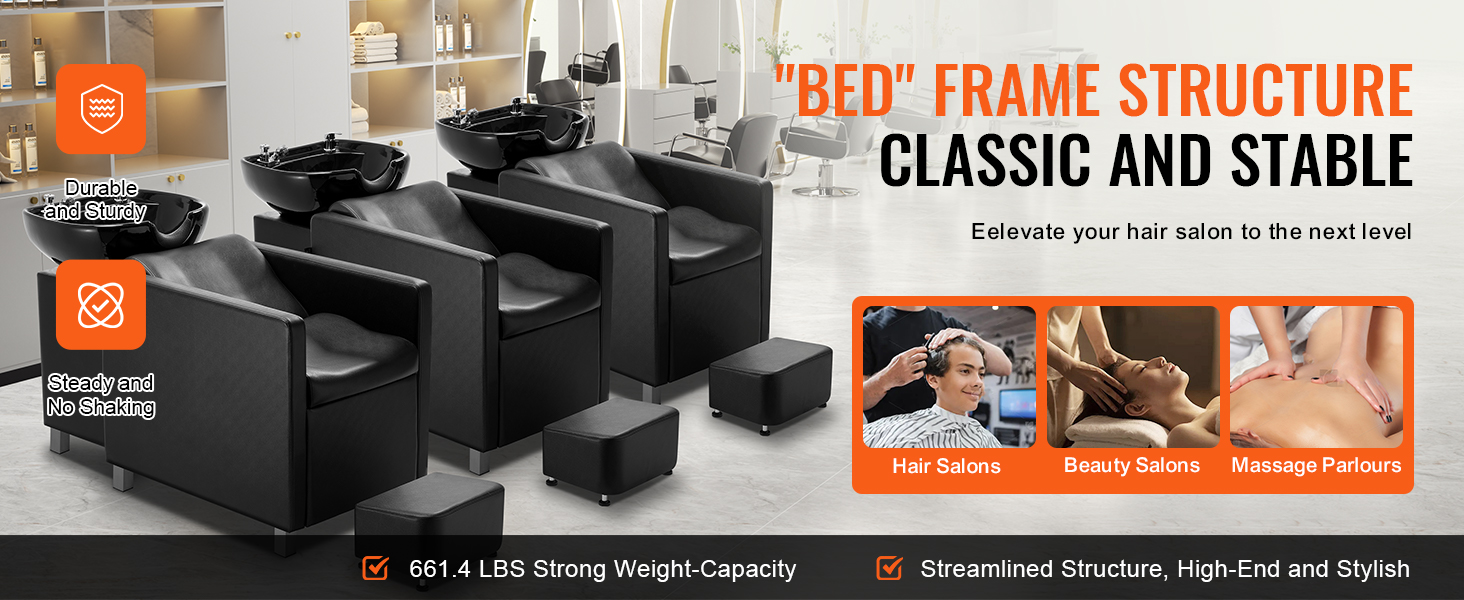 VEVOR shampoo backwash chair: durable, steady, and stylish seating for hair salons, beauty salons, and massage parlors.