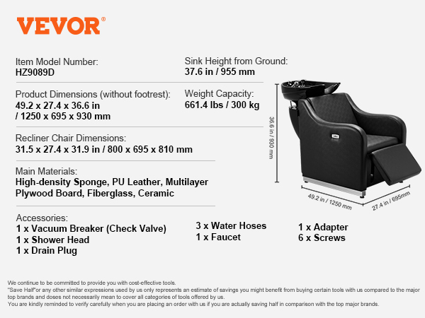 VEVOR shampoo backwash chair with black pu leather, high-density sponge, and ceramic sink.