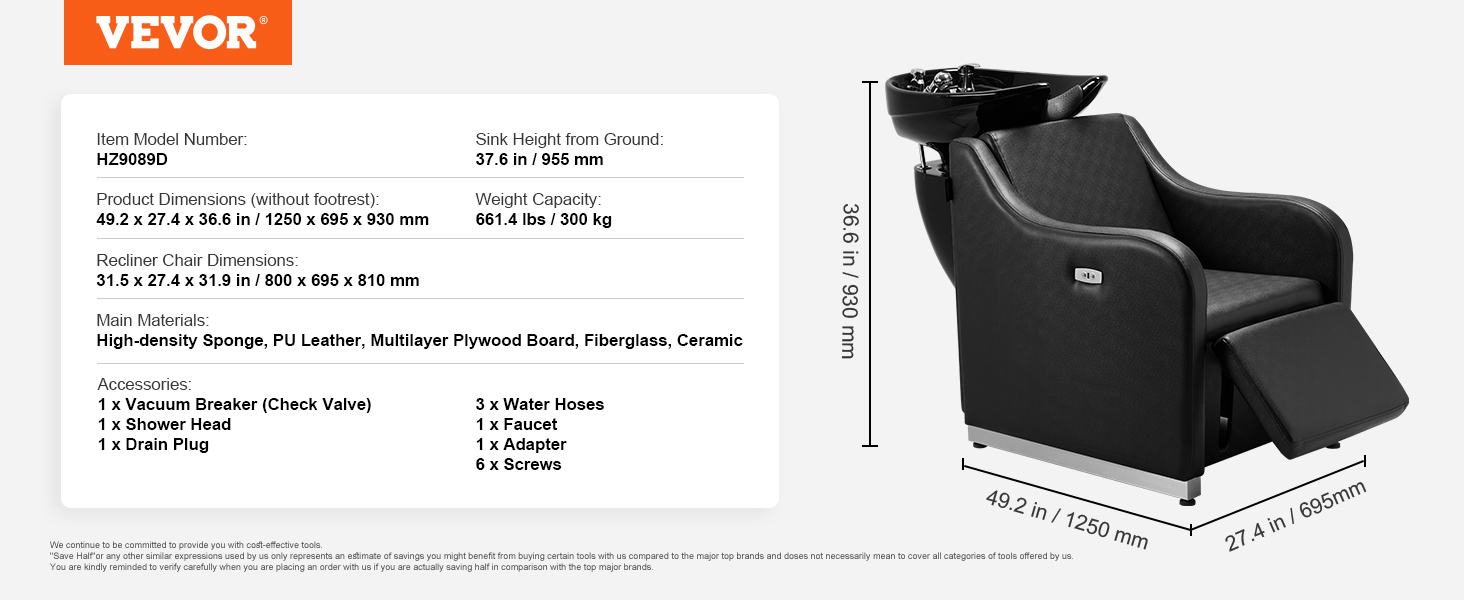 VEVOR shampoo backwash chair with black pu leather, high-density sponge, and ceramic sink.