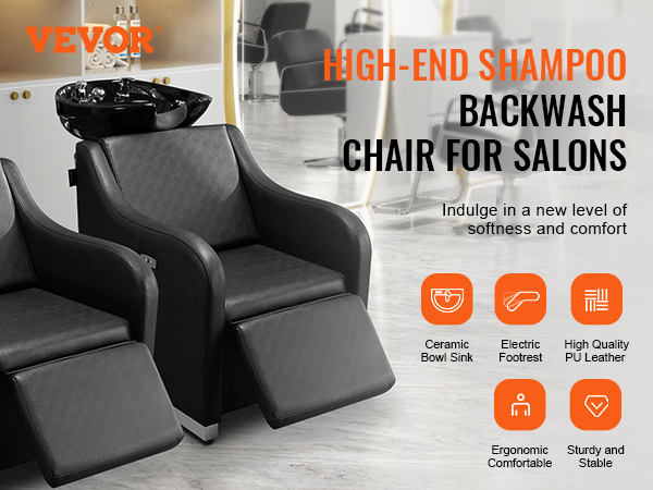 VEVOR shampoo backwash chair for salons with ceramic bowl sink and electric footrest.