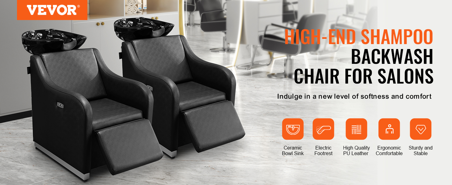 VEVOR shampoo backwash chair for salons with ceramic bowl sink and electric footrest.