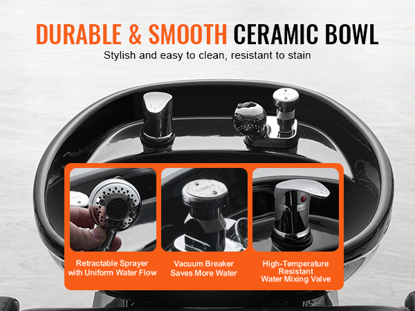 durable and smooth black ceramic bowl of VEVOR shampoo backwash chair with resistant properties.