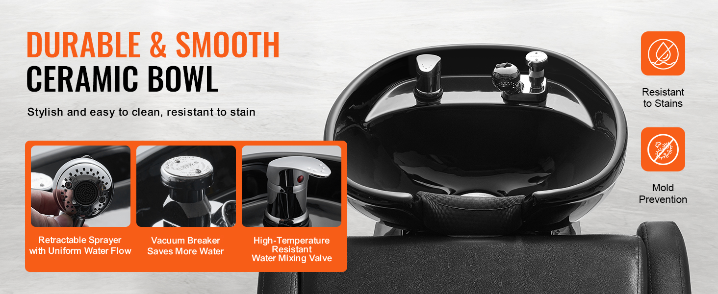 durable and smooth black ceramic bowl of VEVOR shampoo backwash chair with resistant properties.