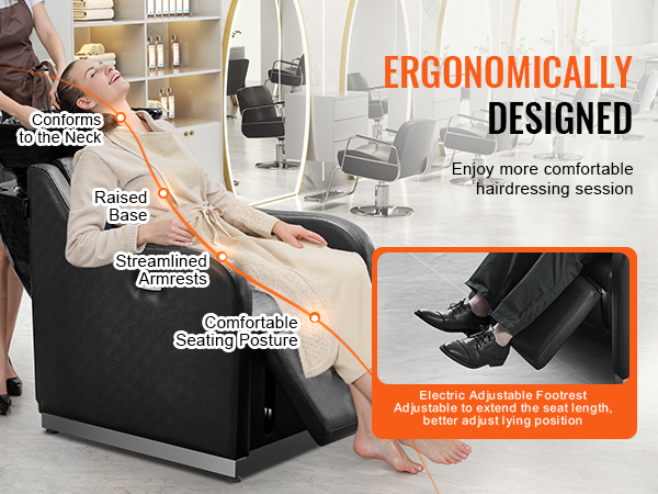 VEVOR shampoo backwash chair with adjustable footrest and ergonomic design for a comfortable hairdressing experience.