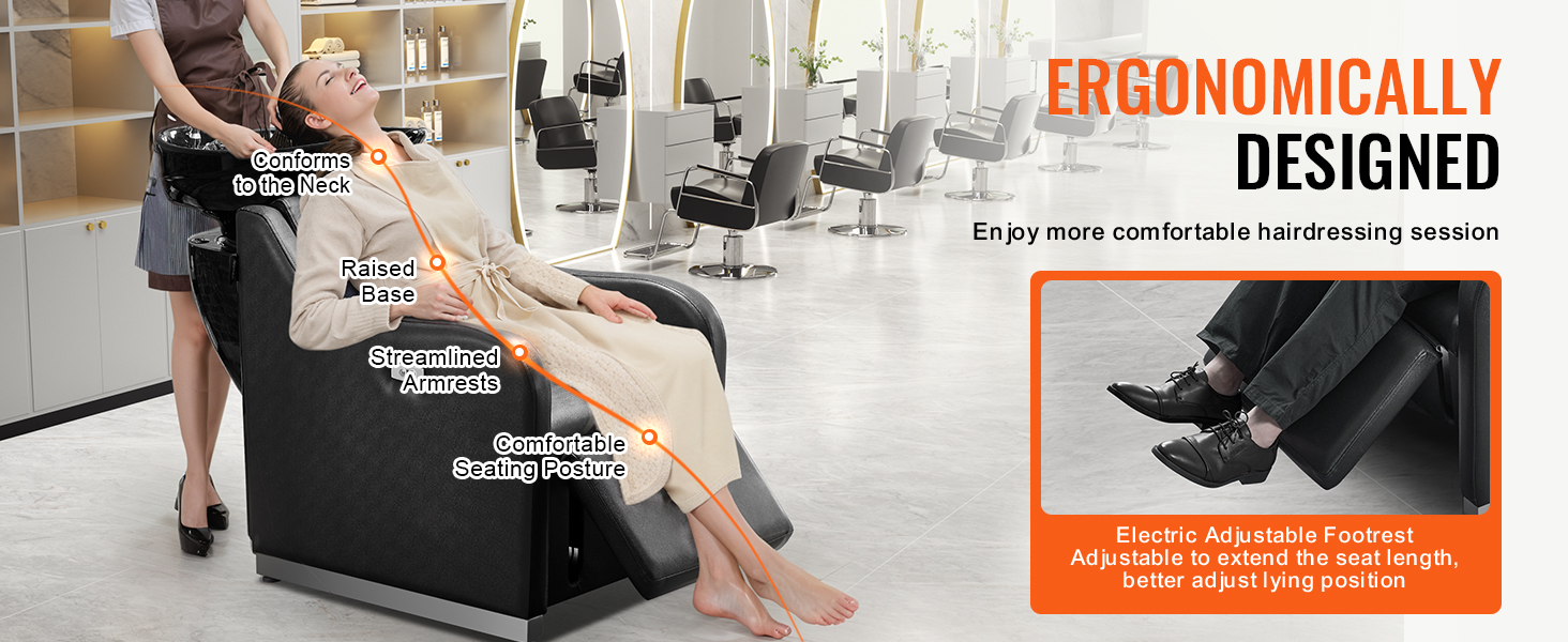 VEVOR shampoo backwash chair with adjustable footrest and ergonomic design for a comfortable hairdressing experience.