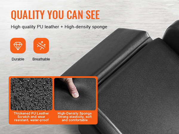 VEVOR shampoo backwash chair, high-quality pu leather and high-density sponge for comfort and durability.