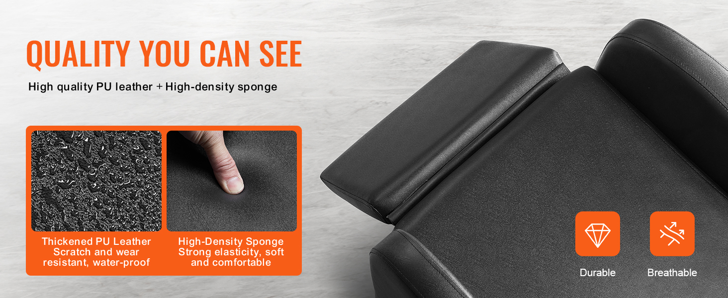 VEVOR shampoo backwash chair, high-quality pu leather and high-density sponge for comfort and durability.