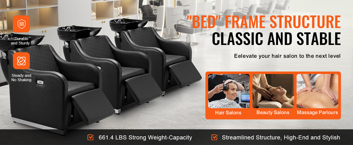 VEVOR shampoo backwash chair in a sleek hair salon setting, highlighting durability and stability.