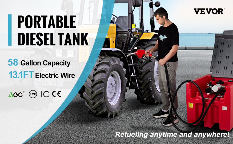 VEVOR portable diesel tank with 58-gallon capacity and 13.1ft electric wire for refueling heavy machinery.