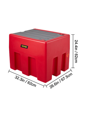 red VEVOR portable diesel tank with dimensions 32.3in x 26.6in x 24.4in.