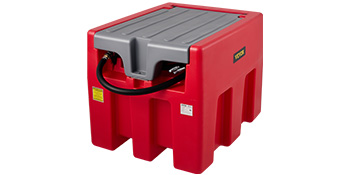 red VEVOR portable diesel tank with hose and gray top for fuel storage and transfer.