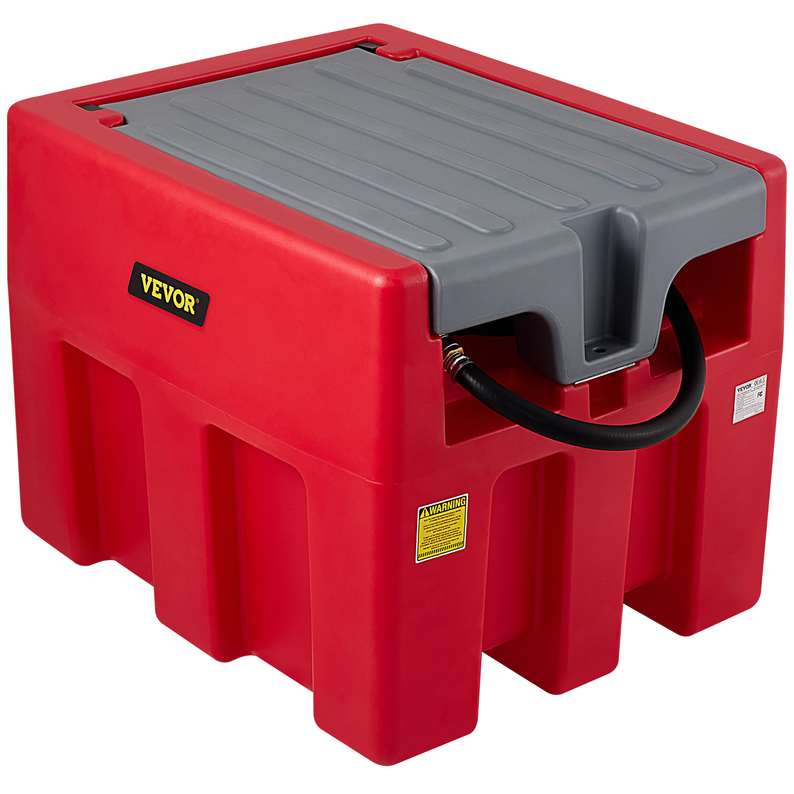 red VEVOR portable diesel tank with gray lid, black hose, and safety warning labels.