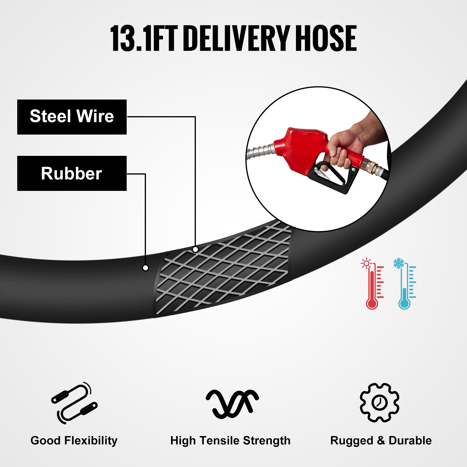 13.1ft delivery hose with steel wire and rubber construction for the VEVOR portable diesel tank.