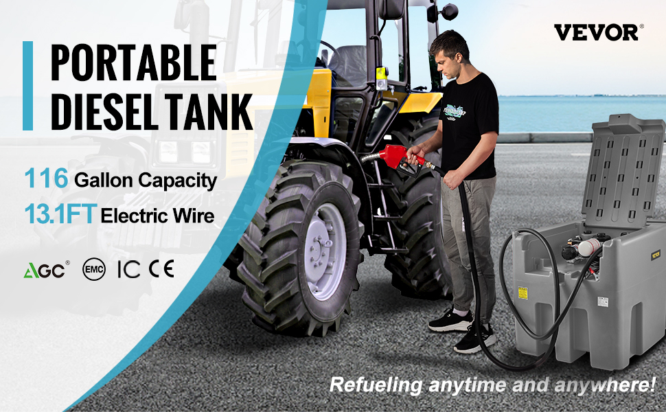 VEVOR portable diesel tank with 116-gallon capacity, 13.1ft electric wire, and safety certifications.