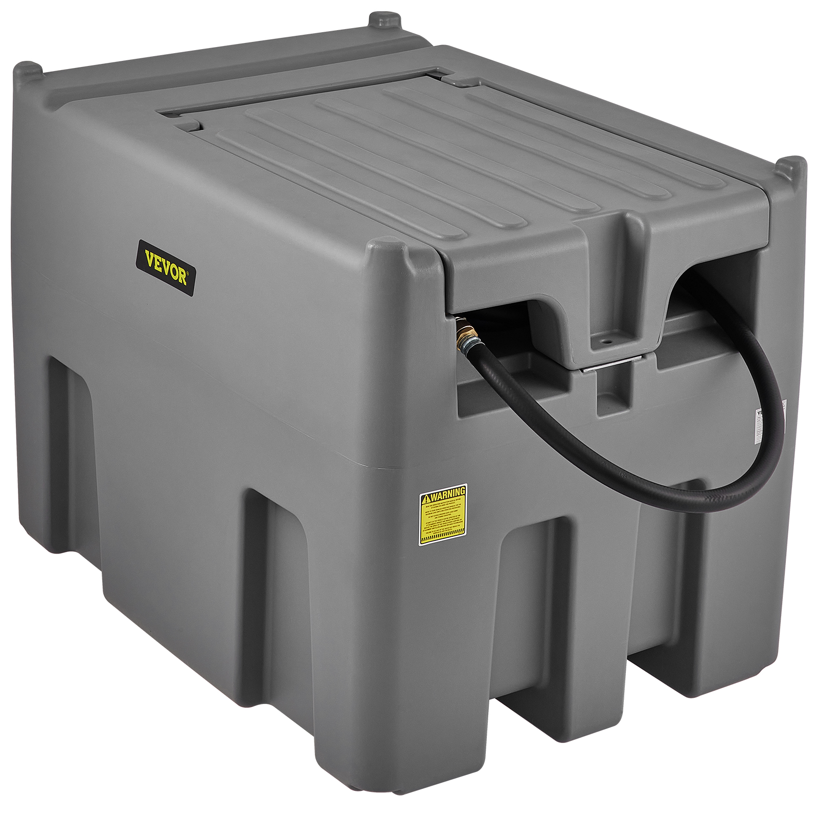 gray VEVOR portable diesel tank with hose and warning label. compact design for fuel storage and transport.