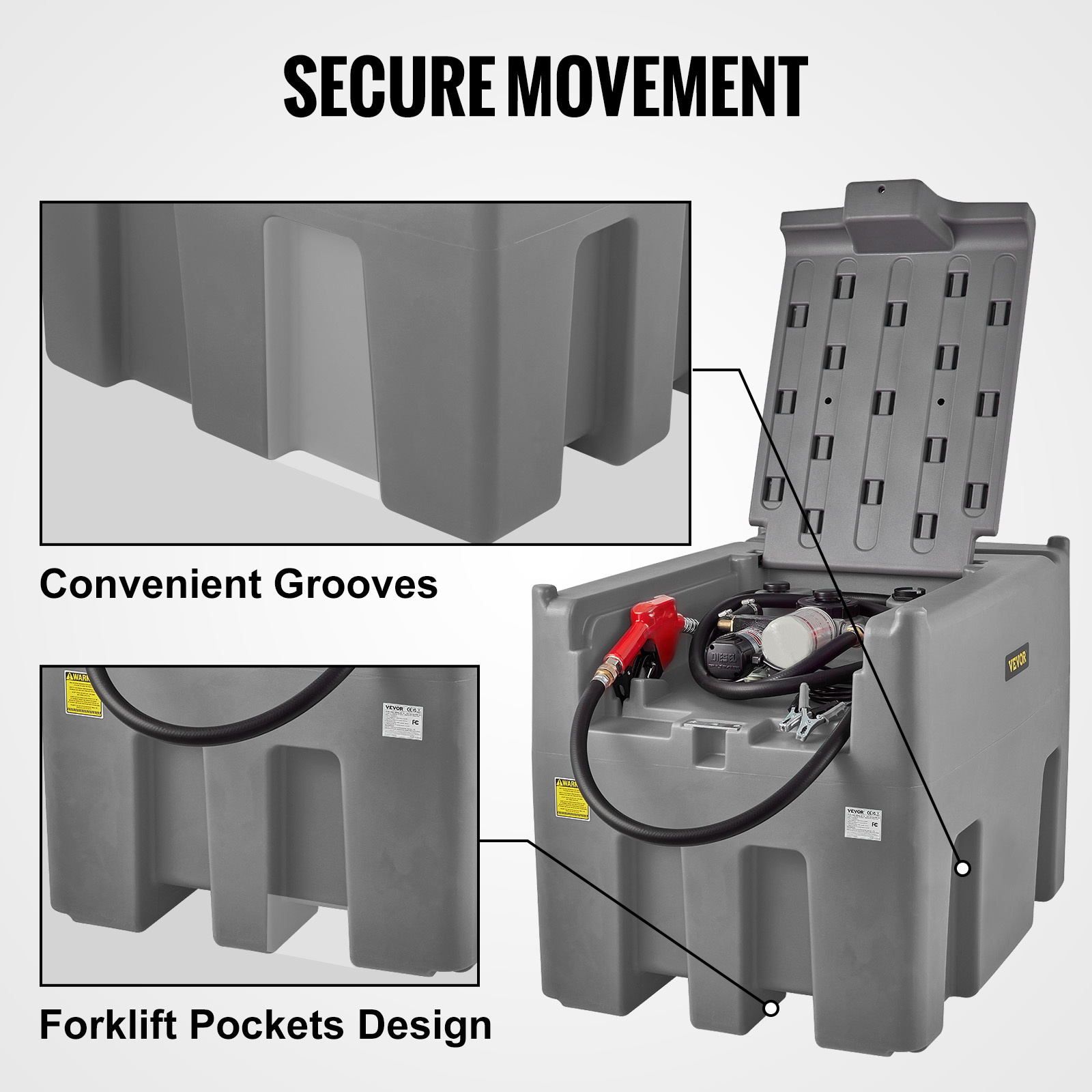 VEVOR portable diesel tank with convenient grooves, forklift pockets design, and secure movement features.