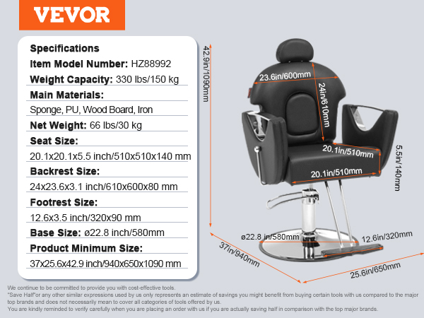 VEVOR salon chair specifications, dimensions, and design details with cushioned seat, backrest, and footrest.