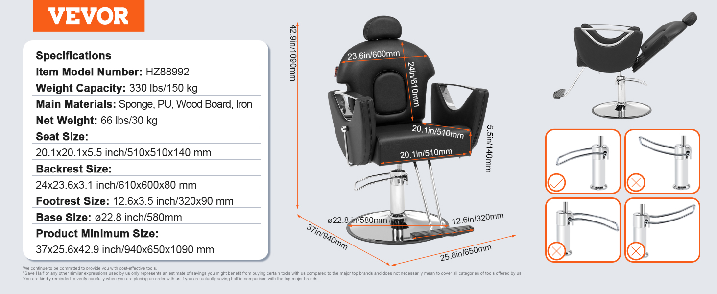 VEVOR salon chair specifications, dimensions, and design details with cushioned seat, backrest, and footrest.