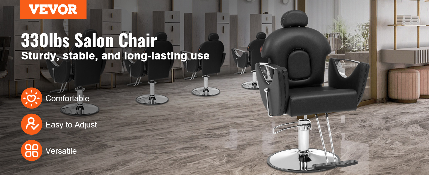 VEVOR salon chair in modern salon, highlighting comfort, easy adjustability, and versatility.