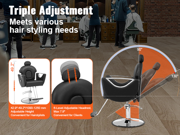 triple adjustable VEVOR salon chair with height and headrest settings in a modern barbershop.