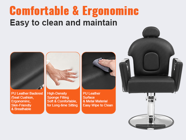 VEVOR salon chair features ergonomic pu leather, high-density sponge filling, and easy-to-clean surfaces.
