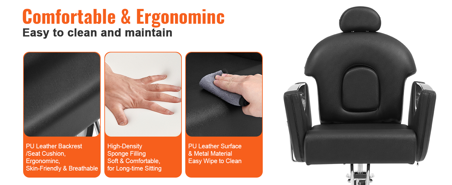 VEVOR salon chair features ergonomic pu leather, high-density sponge filling, and easy-to-clean surfaces.