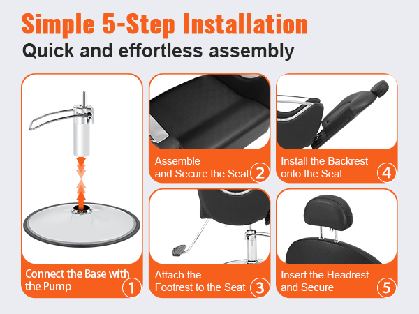 simple 5-step installation guide for VEVOR salon chair with quick assembly instructions.