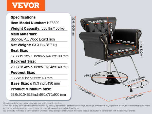 VEVOR salona krēsla specifikācijas: svars 63,3 kg, maksimālā ietilpība 330 kg, sēdeklis 17,7x19,1x5,1 collas, pamatne 19,3 collas.