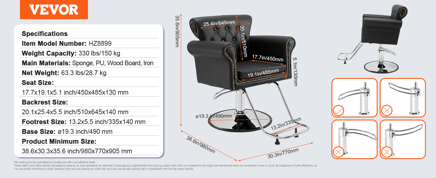 VEVOR salona krēsla specifikācijas: svars 63,3 kg, maksimālā ietilpība 330 kg, sēdeklis 17,7x19,1x5,1 collas, pamatne 19,3 collas.