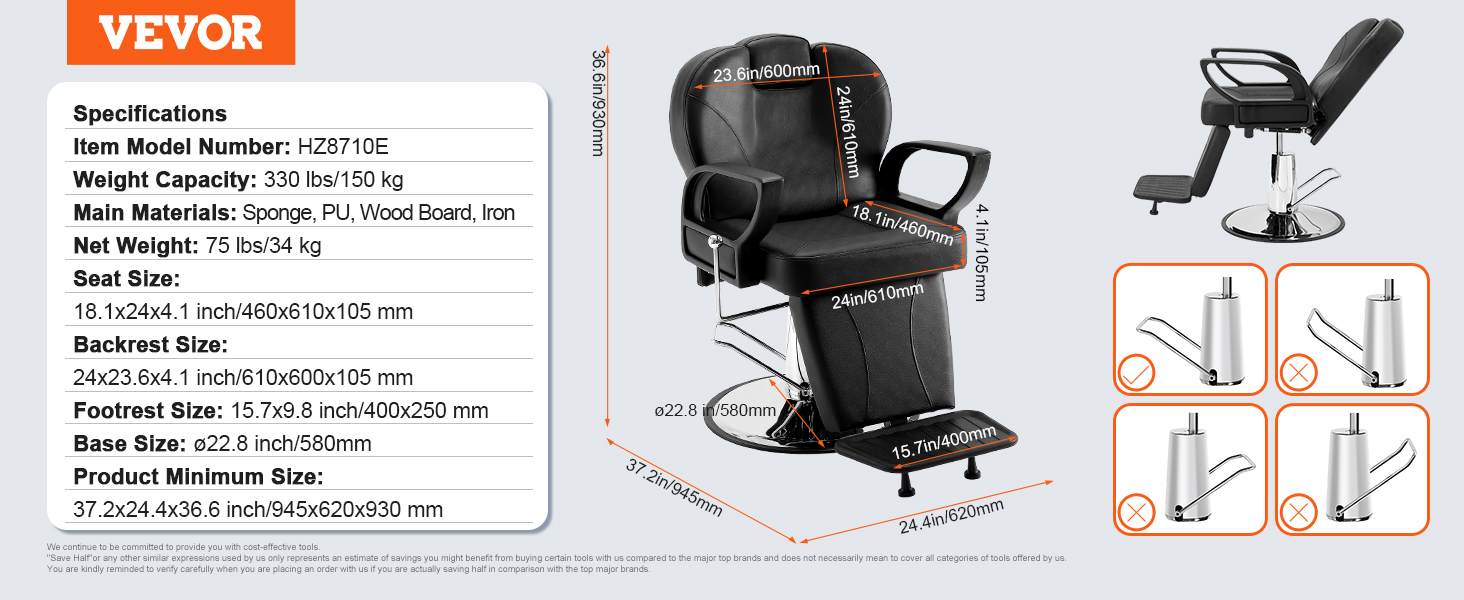 VEVOR salon chair with black upholstery, adjustable backrest, footrest, and hydraulic base, dimensions shown.