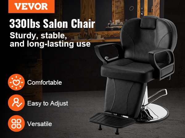 VEVOR salon chair in black leather in a modern salon, highlights comfort, adjustability, and versatility.